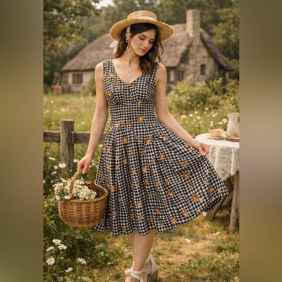 vintage Dresses & Skirts - Vintage 100% Silk Embroidered Gingham Cottagecore Fit & Flare Dress